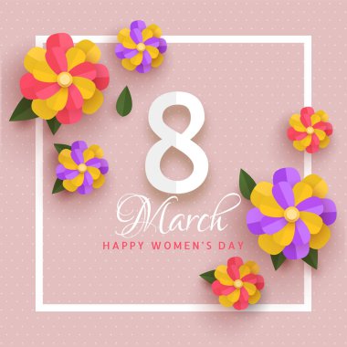 Renkli kağıt kesme çiçekler 8 Mart Kadınlar Günü kutlama için güzel tebrik kartı tasarım süslenmiş.