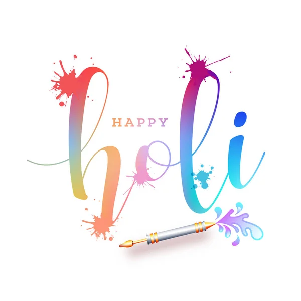 Elegante Testo Colorato Happy Holi Con Spruzzi Colore Sfondo Bianco — Vettoriale Stock