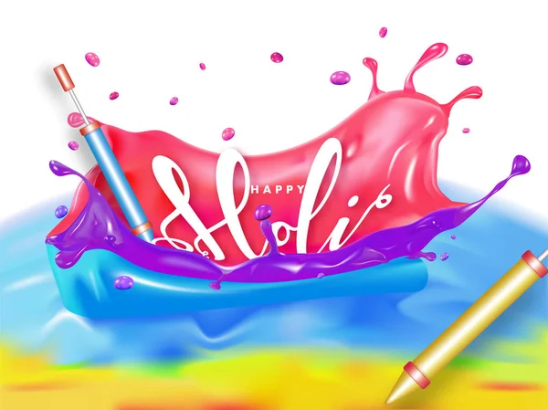 Happy Holi Celebrazione Sfondo Con Pistole Colori Realistiche Illustrazione Celebrazione — Vettoriale Stock