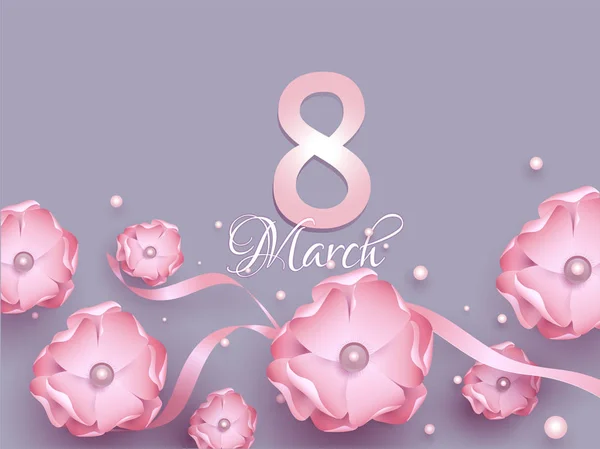 Μαρτίου Ευχετήρια Κάρτα Σχεδιασμό Διακοσμημένο Λουλούδια Ροζ Χαρτί Κορδέλα Και — Διανυσματικό Αρχείο