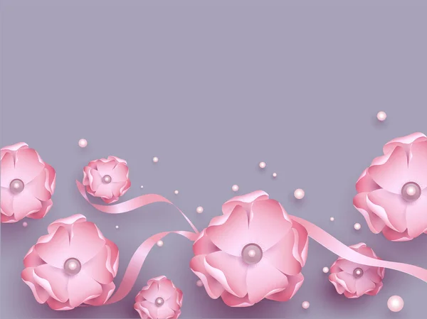 あなたのメッセージのためのスペースを持つ紫色の背景に飾られたリボンと真珠で美しいピンクの花 — ストックベクタ