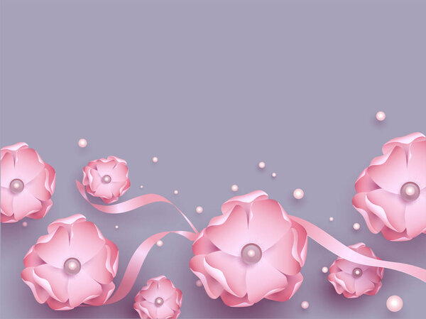 Beautiful pink flowers with ribbon and pearls decorated on purple background with space for your message.