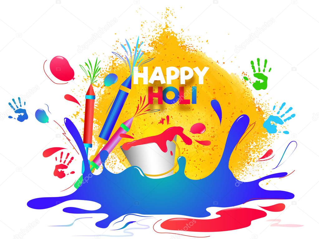 Happy Holi background with color splash, color guns and bucket illustration for festival celebration.