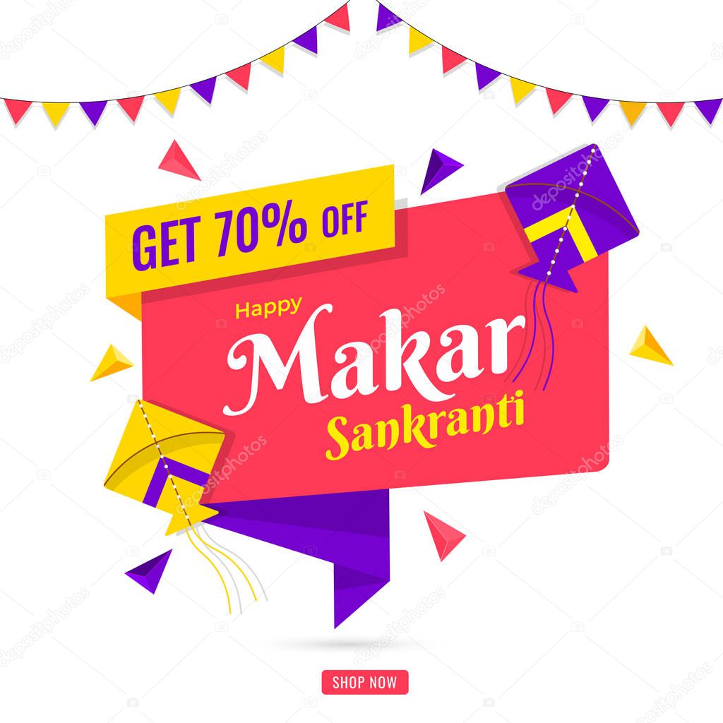 Happy Makar Sankranti sale poster design with 70% discount offer, decorated with kites and bunting flags on white background.