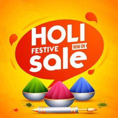 Afiş tasarımı Holi festival satış için turuncu zemin üzerine festival elemanları ile reklam.
