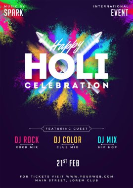 Renkli holi parti şablonu veya el ilanı tasarım zaman ve mekan detayları ile Hint Festivali.