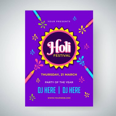 Holi Festivali kutlama şablonu veya el ilanı tasarımı tarih ve mekan detayları ile.
