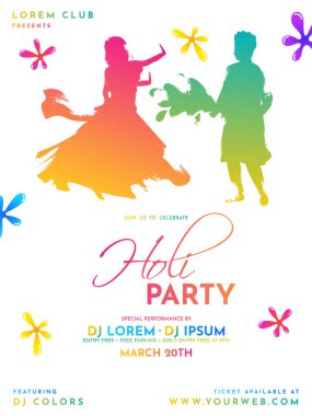 Saat Tarih ve mekan ayrıntıları ile yaratıcı holi şahıs şablonu veya el ilanı tasarımı.