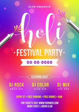 Holi festival partisi şablonu veya davetiye kartı tarih ve mekan detayları ile.