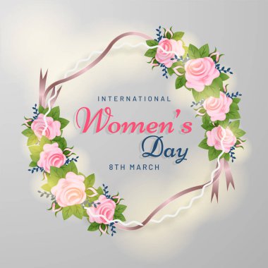Uluslararası Kadınlar Günü kutlama için dekore edilmiş güzel gül çiçek şablon veya el ilanı tasarımı.