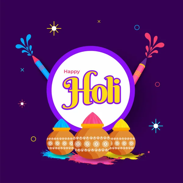 Happy Holi Pozdrav Card Design Blátem Hrnce Barevné Zbraně Fialovém — Stockový vektor