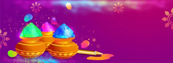 印度颜色节日庆祝标题或横幅设计与颜色土壶的例证在紫色背景 — 图库矢量图片