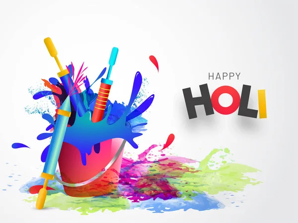 愉快的 Holi 背景与颜色桶和枪为印度颜色节日庆祝 — 图库矢量图片
