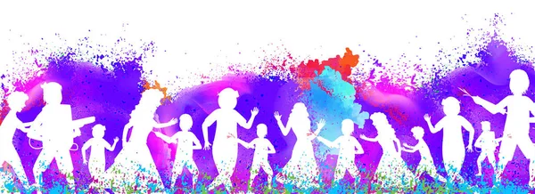 愉快的 Holi 标题或横幅设计与孩子们一起庆祝 Holi 节日的例证在五颜六色的飞溅背景 — 图库矢量图片