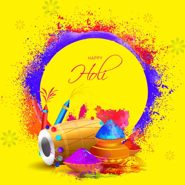 Vektor Illustration Festivalelementer Som Dhol Farvekrukker Kanoner Gul Baggrund Holi – Stock-vektor
