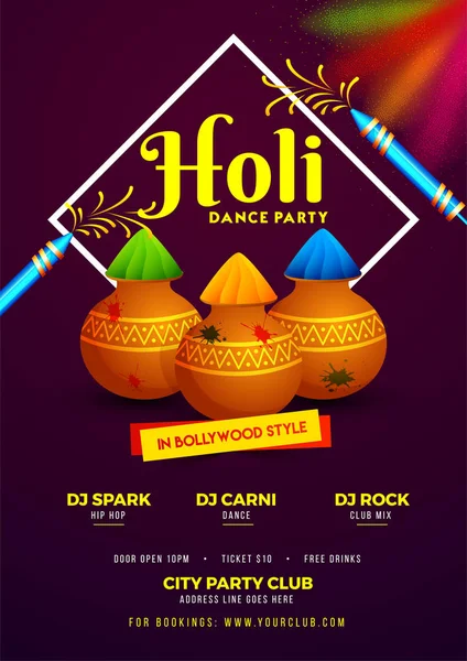 Holi Dance Party Invitation Card Template Design Time Date Venue — Stock Vector