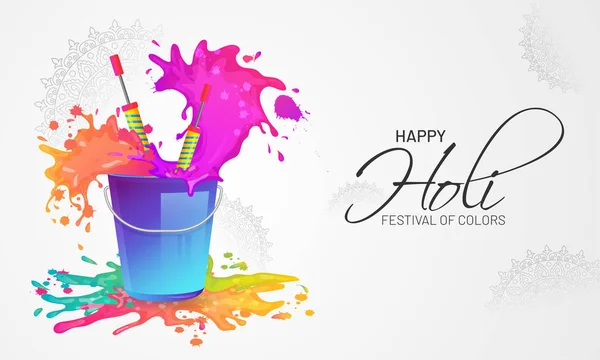 印度颜色节日庆祝海报或横幅设计与桶的例证与颜色枪 — 图库矢量图片