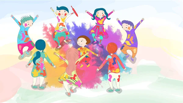 Felice Carattere Bambini Che Celebrano Holi Festival Sfondo Spruzzata Colore — Vettoriale Stock