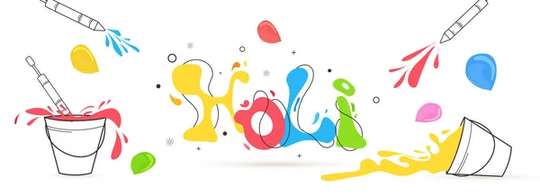 カラフルなテキストとライン アート イラスト祭りホーリー祭お祝いの色のスプラッシュの背景要素の創造的なヘッダー デザイン — ストックベクタ