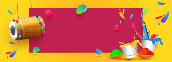 Happy Holi Intestazione Banner Design Con Secchi Colore Dhol Appeso — Vettoriale Stock