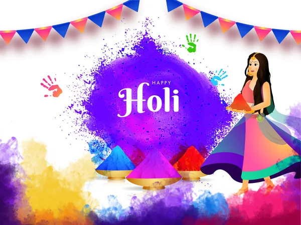 Holi Celebration Background Illustration Cute Girl Celebrating Festival Colors Can — Stock Vector