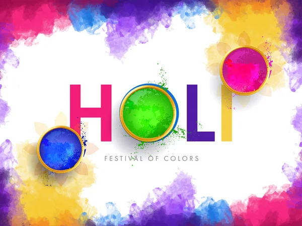 创意海报或横幅设计与五颜六色的文字 Holi 在颜色飞溅背景 — 图库矢量图片