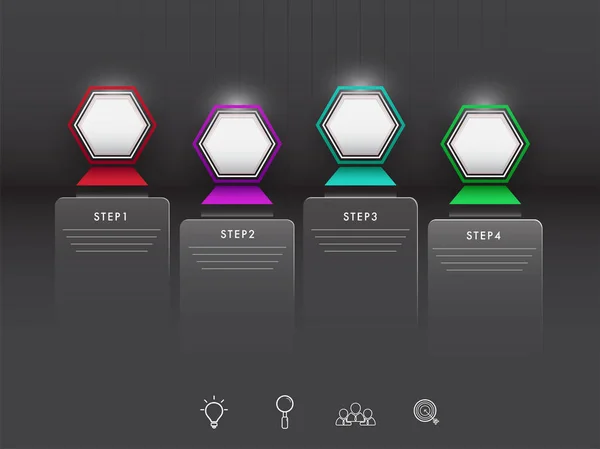 Vier Stappen Infographic Elementen Met Web Symbolen Zwarte Achtergrond — Stockvector