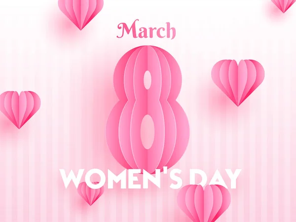 纸折纸文本8游行与心脏形状在粉红色条纹背景为妇女节海报或贺卡设计 — 图库矢量图片