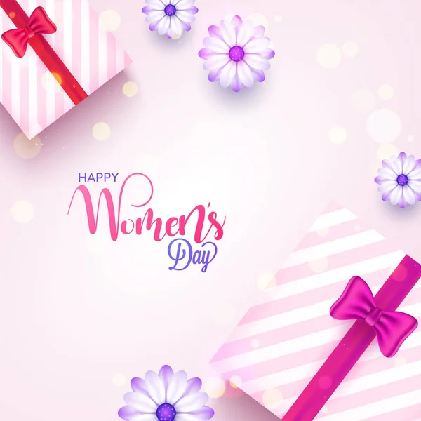 Virág Ajándék Doboz Rózsaszín Bokeh Háttér Vektor Illusztráció Boldog Nők — Stock Vector