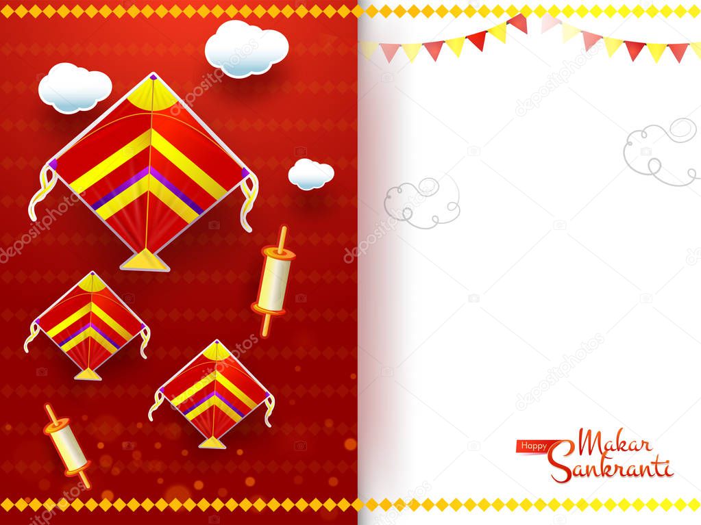Makar Sankranti greeting card design decorated with kites, spools and bunting flags.