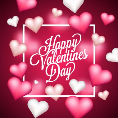 Parlak kalp arka plan bulanık Happy Valentine's Day, şık yazı ile dekore edilmiştir..