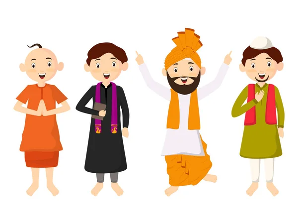 Mignon Personnage Enfants Portant Costume Traditionnel Appartient Une Religion Différente — Image vectorielle