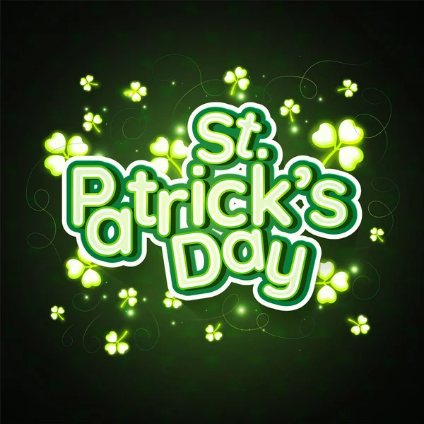 Sticker Style Lettering Patrick Day Clove Leaves Glossy Green Background — Stock Vector