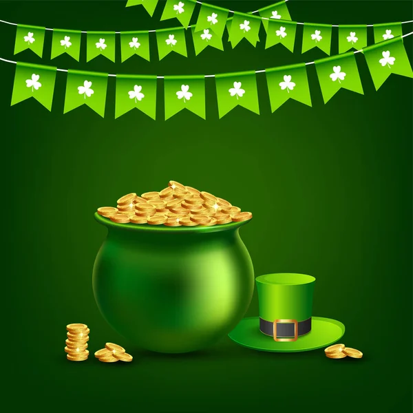 Realistic Traditional Coin Pot Leprechaun Hat Glossy Green Background Decorated — Stock Vector