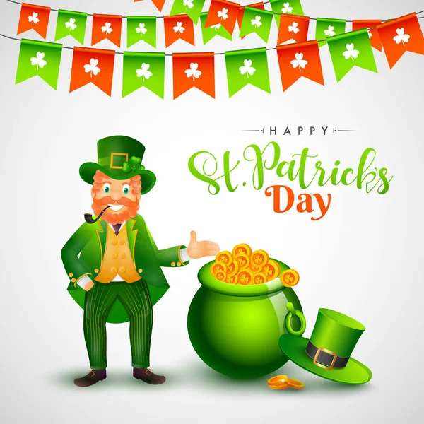 Happy Patrick Day Banner Poster Design Illustration Leprechaun Man Character — Stock Vector