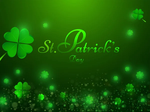 Stylish Lettering Patrick Day Shamrock Leaves Decorated Green Background Poster — Stock Vector