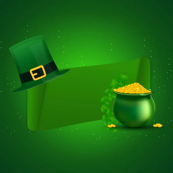 爱尔兰传统的锅充满了金币与小妖精帽子和空间给你的信息 圣帕特里克节庆祝贺卡设计 — 图库矢量图片