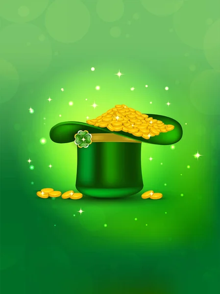 Cappello Leprecauno Pieno Monete Oro Sfondo Verde Patrick Day Design — Vettoriale Stock