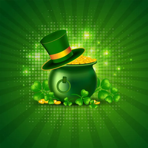 レプラコーン帽子とシャムロックと従来型のコイン ポット聖パトリックの日の祭典のための緑の光線背景図を葉します — ストックベクタ