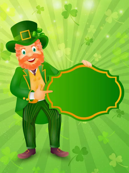 Leprechaun Man Holding Blank Frame Shamrock Leaves Decorated Rays Background — Stock Vector