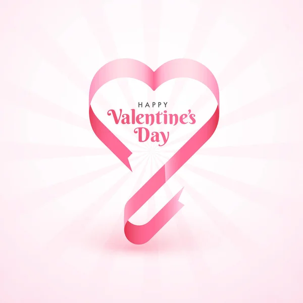Rosafarbene Schleife Herzform Mit Stilvollem Schriftzug Des Valentinstages Auf Strahlenhintergrund — Stockvektor