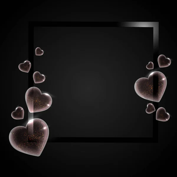 黑色背景上闪亮透明的心脏形状 为您的文本提供空间 爱模板或贺卡设计 — 图库矢量图片