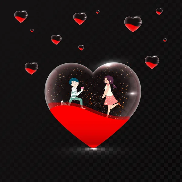 バレンタインデーのお祝いの概念のための黒の背景に透明なハートの形でかわいいロマンチックなカップル — ストックベクタ