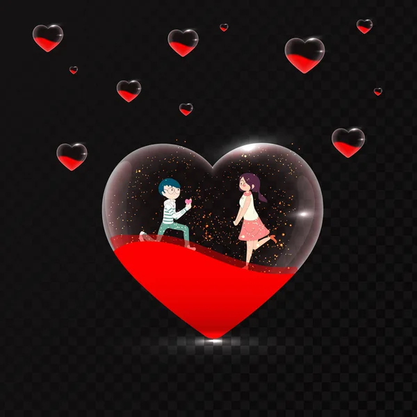 Linda Pareja Romántica Forma Corazón Transparente Sobre Fondo Negro Para — Vector de stock