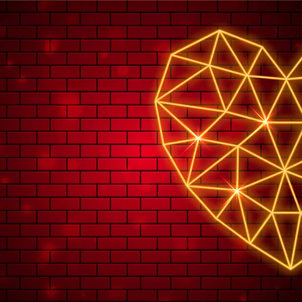 Sokszögű Szív Alakú Neon Világítás Hatása Barna Téglafal Háttér Valentine — Stock Vector