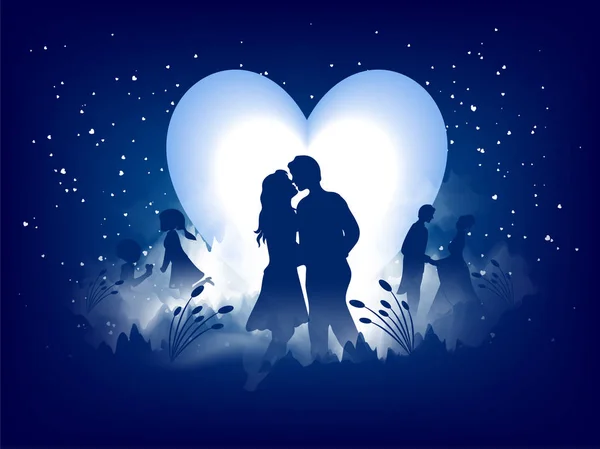 Love Greeting Card Design Romantic Silhouette Loving Couple Night View — Stock Vector
