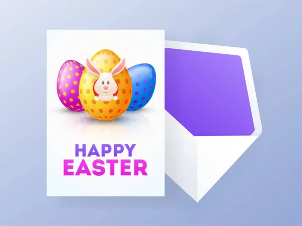 배경에 귀여운 토끼와 다채로운 계란의 그림과 부활절 인사말 디자인 — 스톡 벡터