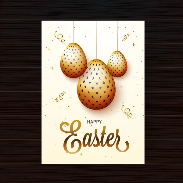 Cartaz Celebração Páscoa Feliz Design Modelo Com Ilustração Ovos Dourados — Vetor de Stock