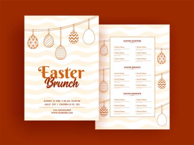 Tarih, zaman ve mekan detayları ile Paskalya Brunch menü kartı veya şablon tasarımı.