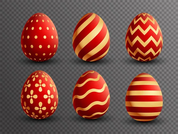 Conjunto Varios Diseños Huevos Pintados Color Rojo Dorado — Vector de stock